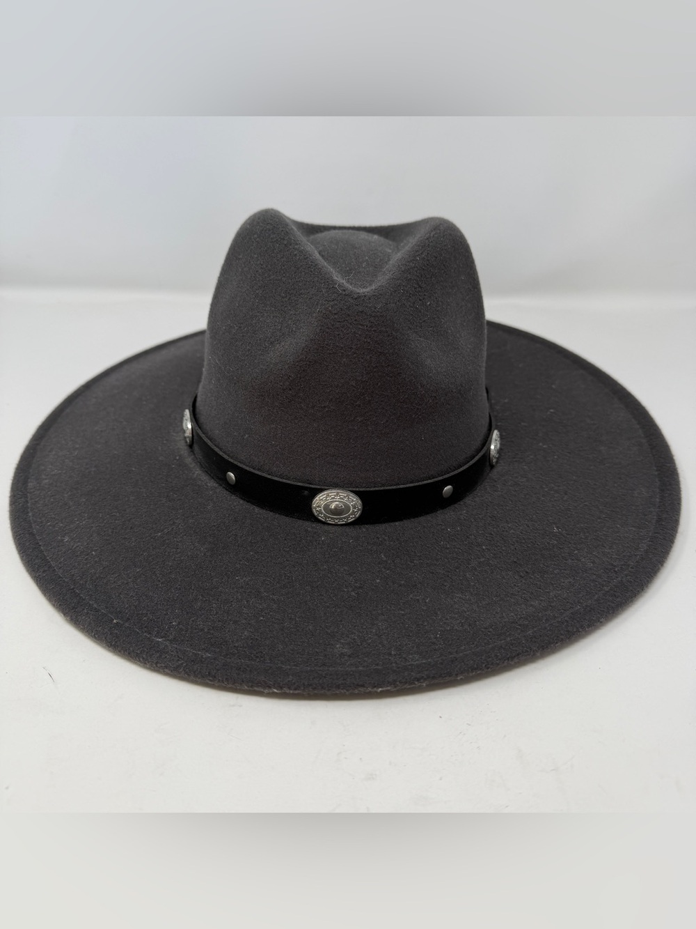 American Eagle Gray Wide Brim Fedora Hat Western Leather Band OS Boho Cowgirl